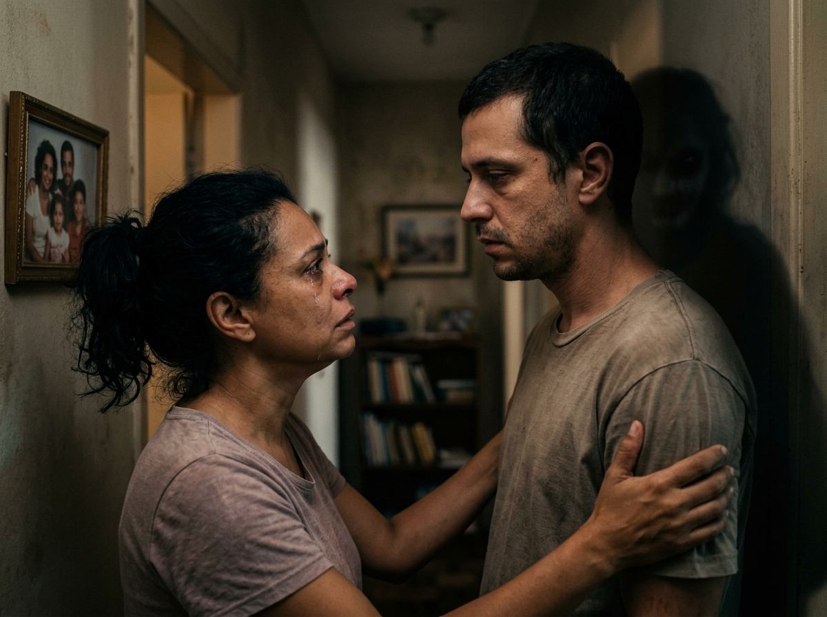 Uma mãe em lágrimas segura os ombros do filho adulto, frente a frente com ele num corredor de casa; ele está de cabeça baixa, exausto, e atrás dele um rosto sombrio se insinua na parede.
