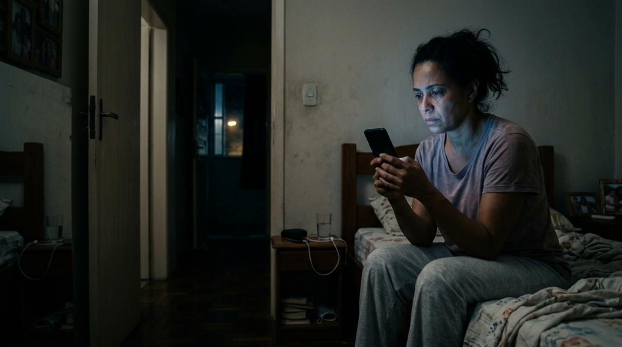 A mãe sentada na beira da cama de madrugada, o rosto iluminado pela luz fria do celular e uma lágrima no rosto; ao fundo, um corredor escuro e porta-retratos da família na parede.