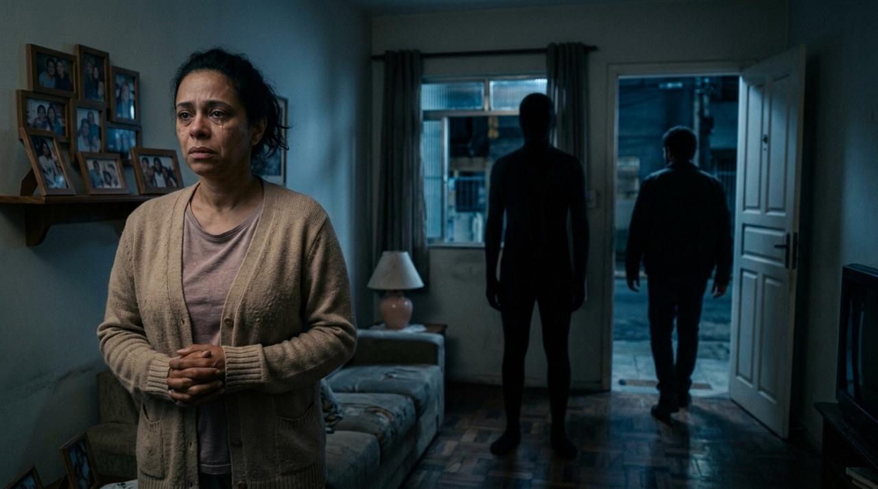 A mãe em primeiro plano, de mãos unidas e chorando; no meio da sala, uma figura totalmente escura em pé; ao fundo, o filho sai pela porta da frente para uma rua escura.