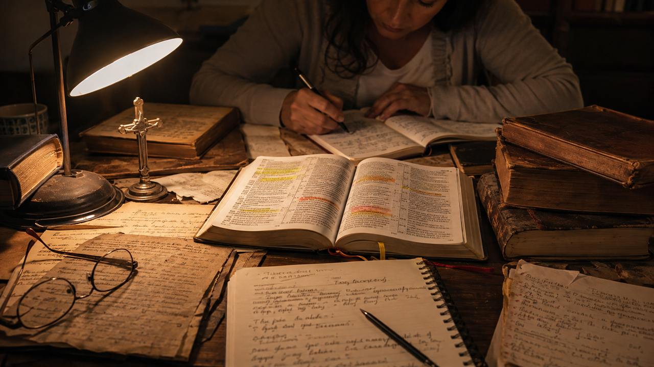 A mãe a uma mesa de madeira sob a luz quente de um abajur, escrevendo num caderno ao lado de uma Bíblia aberta e grifada, livros antigos, folhas com anotações à mão, óculos e um pequeno crucifixo. Nada ameaçador.