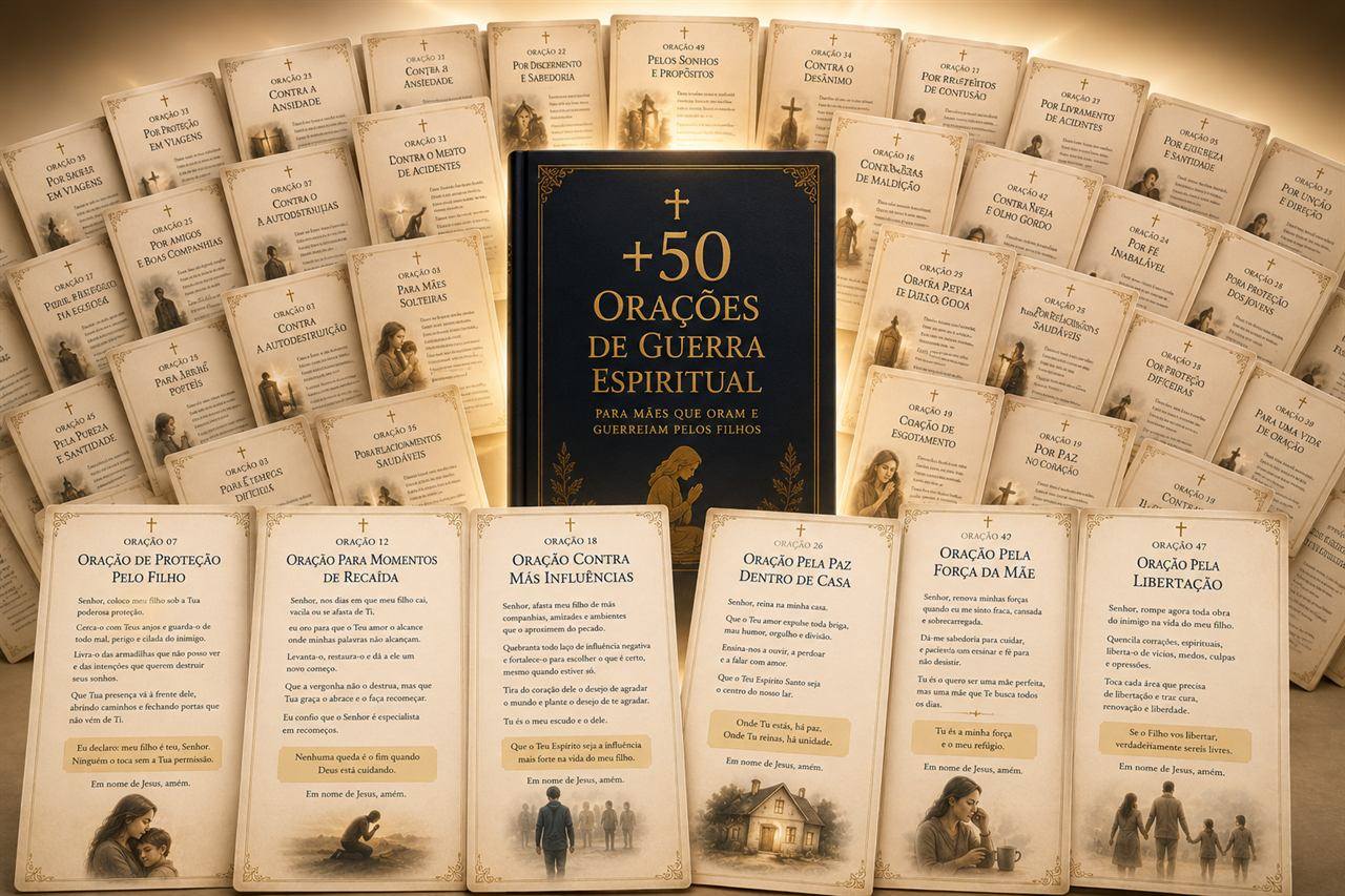 O livro '+50 Orações de Guerra Espiritual — para mães que oram e guerreiam pelos filhos', em capa azul-escura com detalhes dourados, cercado por dezenas de orações numeradas dispostas em leque com um brilho quente ao fundo.